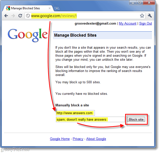 ročno blokirajte spletno mesto iz rezultatov iskanja v Googlu 