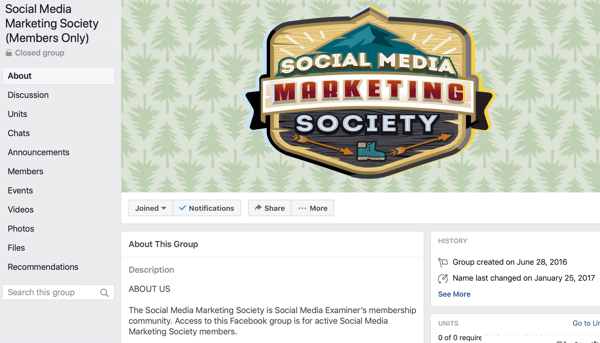 Kako uporabljati funkcije Facebook skupin, primer strani skupine Facebook za Social Media Marketing Society