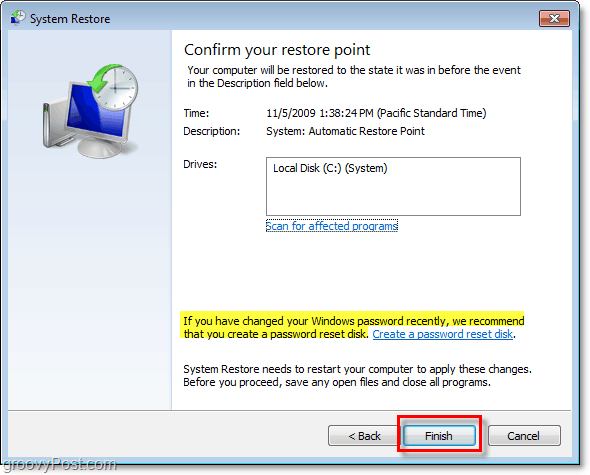 kako potrditi, da obnavljate svoj Windows 7 z obnovitveno točko in ustvarite disk za ponastavitev gesla