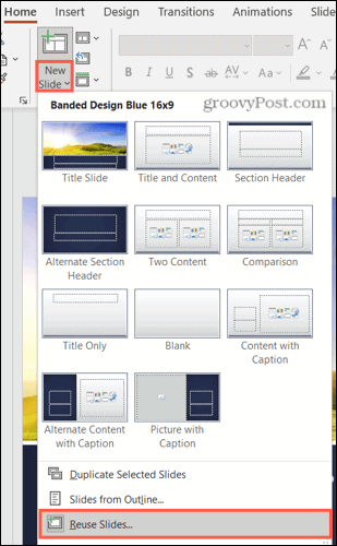 Nov diapozitiv, ponovna uporaba diapozitivov v programu PowerPoint v sistemu Windows