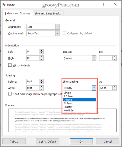 Razmik med vrsticami, dvojno v Wordu v sistemu Windows