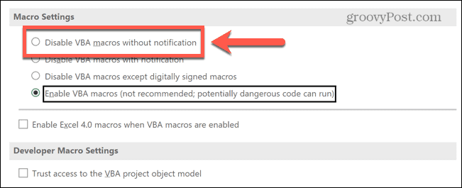 excel onemogoči makre brez obvestil