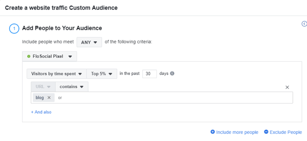 Uporabite orodje za nastavitev dogodka Facebook, korak 16, nastavitve, da ustvarite občinstvo po meri obiska spletnega mesta glede na čas, porabljen na spletnem mestu
