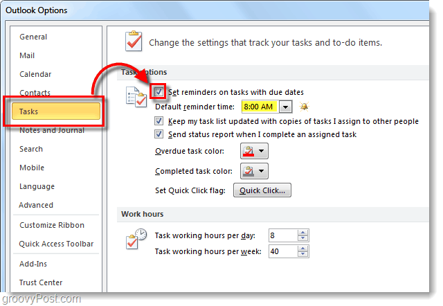 Kako nastaviti nastavitve privzetih opomnikov za naloge za Outlook 2010