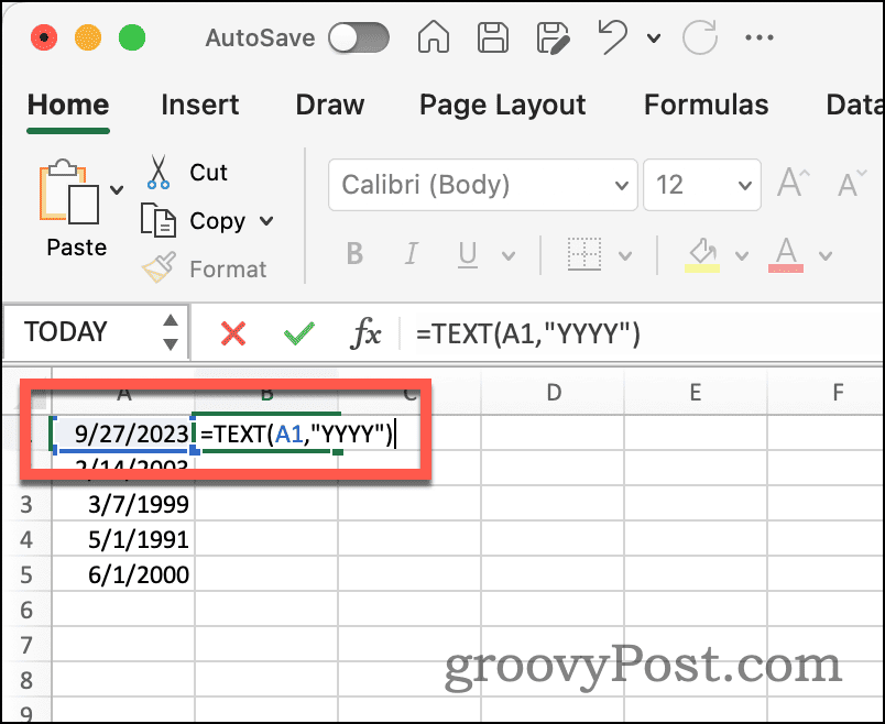 Besedilna funkcija Excel za ekstrahiranje leta iz datuma