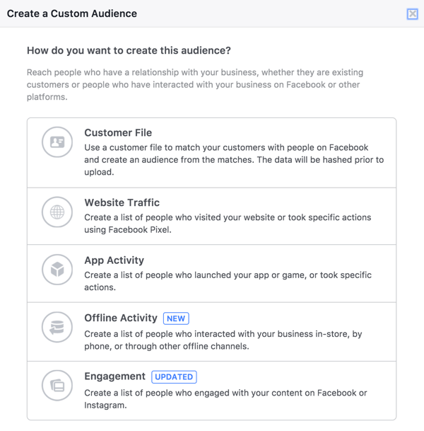 V orodju Facebook Audiences izberite Engagement, da ustvarite občinstvo ljudi, ki so si ogledali vaše videoposnetke v živo.