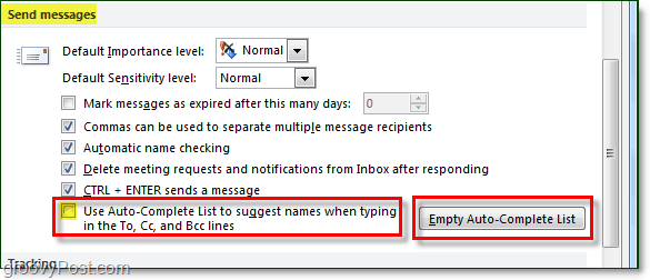 onemogočite samodejno dokončanje v programu Outlook 2010 in počistite predpomnilnik za samodejno dokončanje