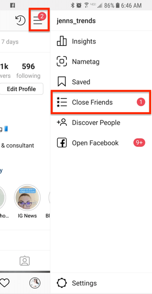 Možnost za tesne prijatelje s Instagram profila.