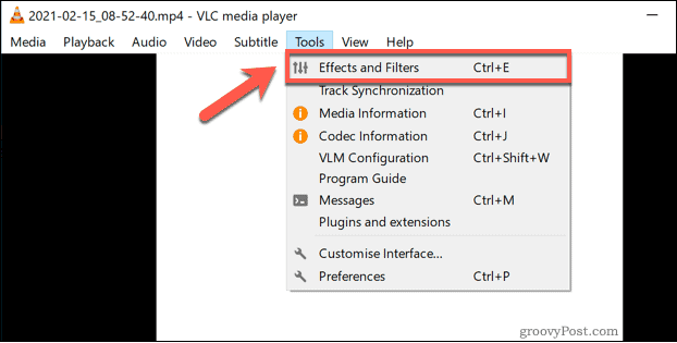 Dostop do menija VLC Effects and Filters v sistemu Windows