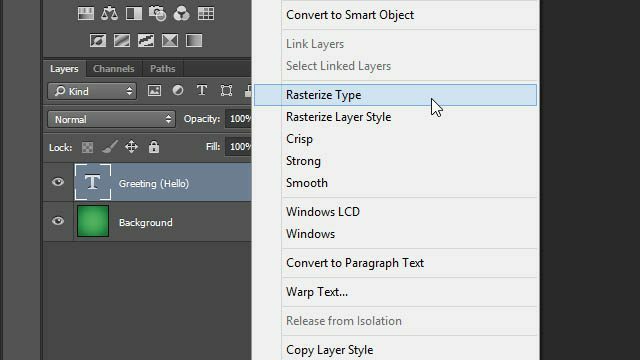 Cheat Photoshop Text Layer Transformations Trick rastrizirajte vrsto plasti v sloju Photoshop rastrski sloj
