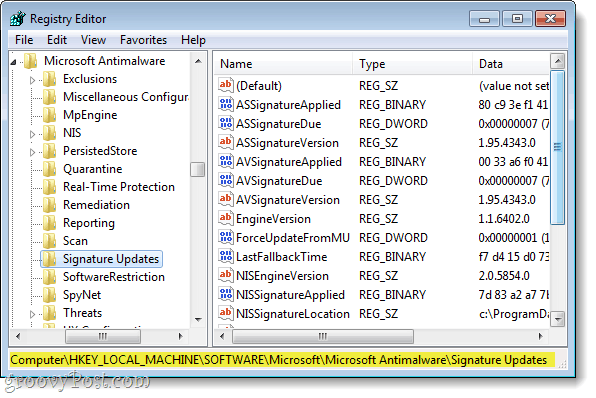 poiščite pravilen ključ registra v Windows 7 regedit