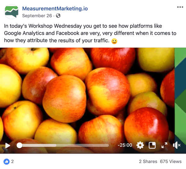 To je posnetek zaslona objave na Facebooku s strani MeasurementMarking.io. Objava prikazuje tudi videoposnetek, ki promovira svinčeni magnet delavnice Chrisa Mercerja v sredo. Uporabniki, ki si ogledajo ali kliknejo video, so morda izpolnili cilj ozaveščanja.