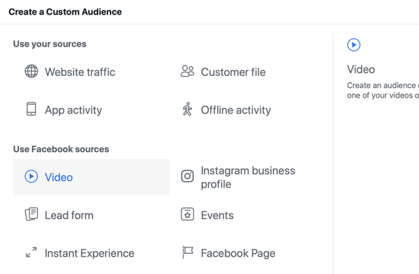 Kako promovirati svoj dogodek v živo na Facebooku, korak 8, ustvarite občinstvo po meri v Facebook Ads Managerju na podlagi ogledov videoposnetkov