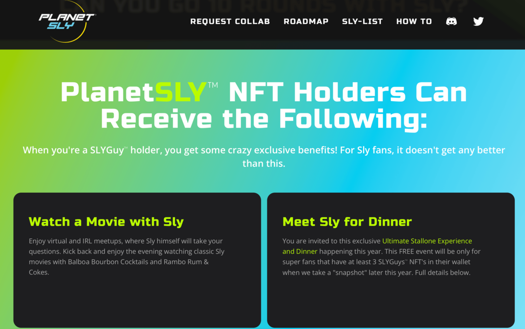 slika spletnega mesta PlanetSly, ki pojasnjuje prednosti za imetnike SLYGuy NFT