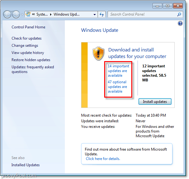 Windows 7 - posnetek zaslona za posodobitev sistema Windows