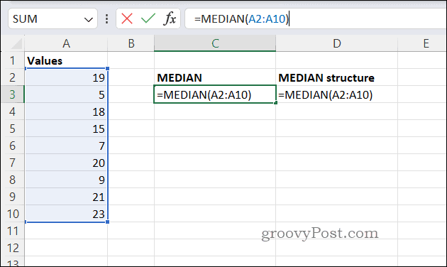 Primer formule MEDIAN v Excelu