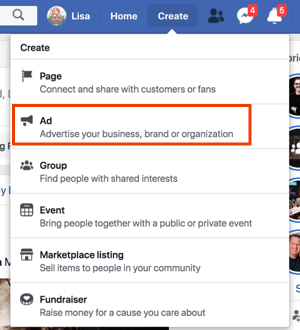Ustvarite Facebook oglase s klikom na Create iz vašega Facebook profila.