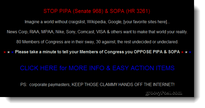 Google, Wikipedia Med spletnimi mesti, ki danes "kotijo ​​v temo", v Kongresu protestirajo proti predlaganim predlogom za boj proti piratstvu