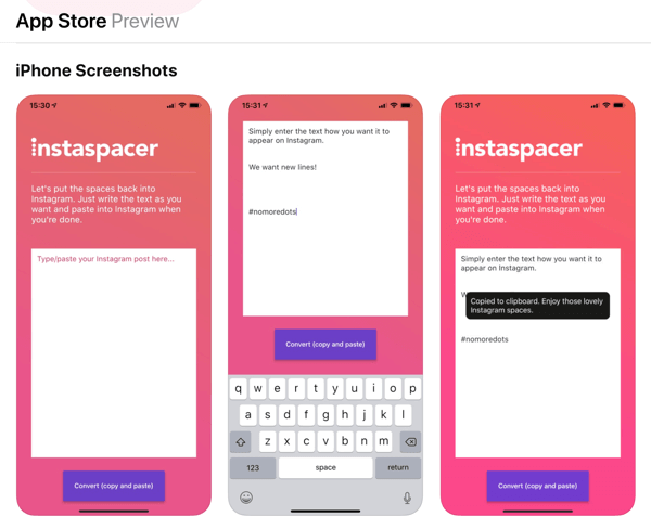 Aplikacija Instaspacer za napise na Instagramu