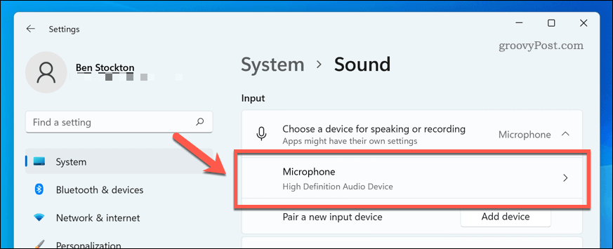 Odprite napravo z mikrofonom v zvočnih nastavitvah sistema Windows 11