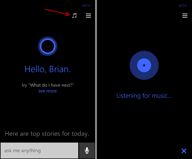 Uporabite Cortana v sistemu Windows Phone 8.1 za prepoznavanje pesmi
