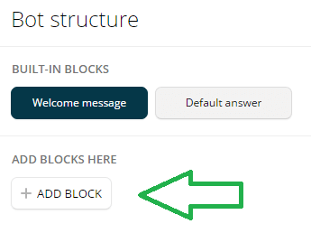 Kliknite + Dodaj blok, če želite dodati nov blok v Chatfuel.