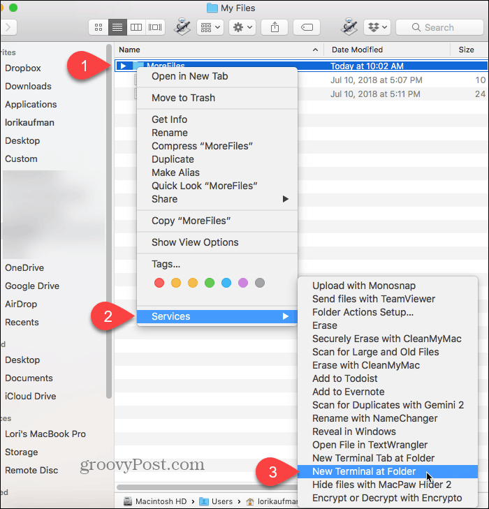 Izberite Nov terminal v mapi Folder v računalniku Mac