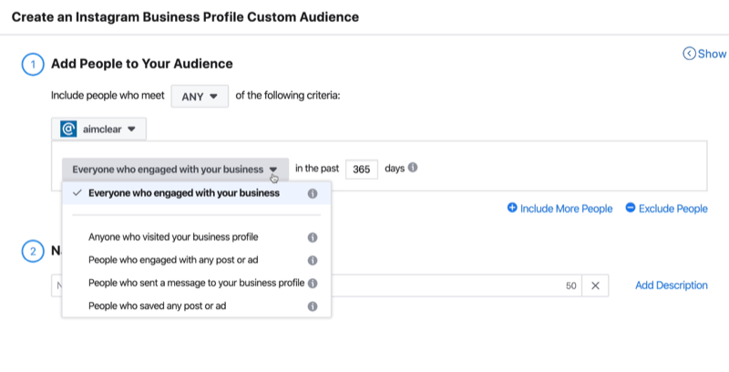 Ustvarite okno občinstva po meri za profil podjetja Instagram