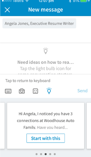 Mobilna aplikacija LinkedIn ponuja pogovore, ki temeljijo na povezavi, ki jo želite poslati.