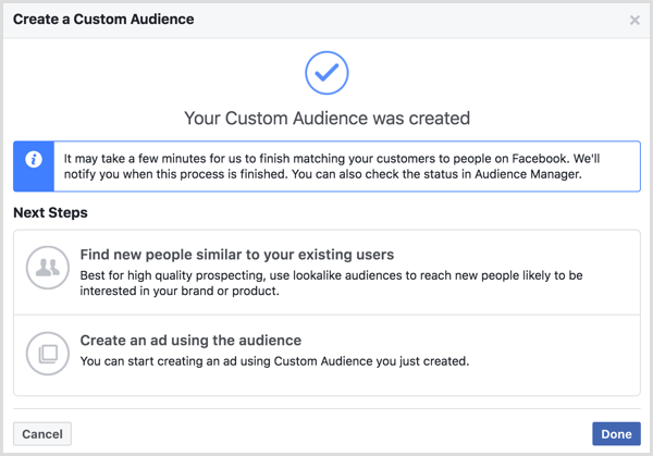 Sporočilo o vaši ciljni skupini po meri se prikaže, ko ustvarite občinstvo po meri na Facebooku