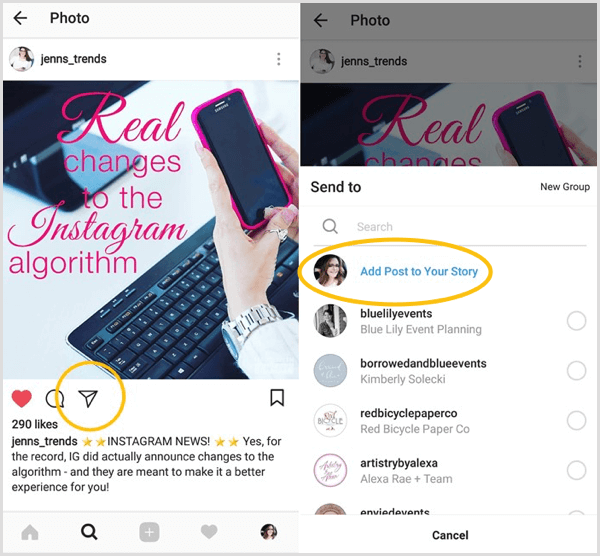 Poiščite možnost Dodaj objavo v svojo zgodbo, da preverite, ali imate dostop do funkcije nadaljne skupne rabe Instagrama.