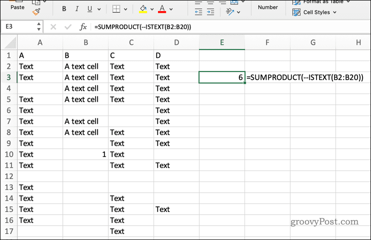 Uporaba SUMPRODUCT z ISTEXT v Excelu