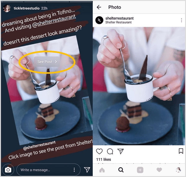 Dotaknite se nadaljnje skupne objave v Instagramu in nato tapnite gumb Ogled objave, če želite uporabnik odpreti neposredno prvotno objavo.