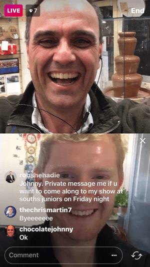 Gost na vašem videoposnetku v živo v Instagramu razdeli zaslon na dva kvadrata z gostiteljem na zgornjem video zaslonu.