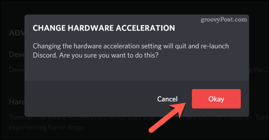 Potrditev spremembe nastavitev pospeševanja strojne opreme podjetja Discord