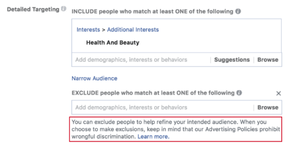 Facebook je predstavil nove pozive, ki oglaševalce opozarjajo na Facebookove protidiskriminacijske politike, preden ustvarijo oglaševalsko kampanjo in uporabljajo orodja za izključevanje.
