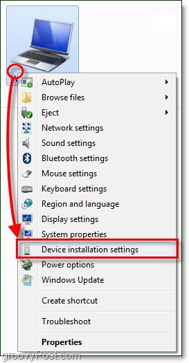 v kontekstnem meniju računalnika Windows 7 in se pomaknite do nastavitev naprave