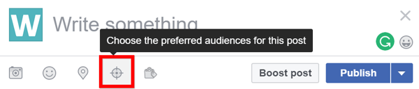 Če želite preveriti, ali je za vašo Facebook stran omogočena optimizacija občinstva, pri ustvarjanju nove objave poiščite ikono za ciljanje.