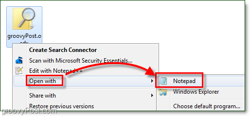 odprite iskalni priključek z beležko in ga uredite v operacijskem sistemu Windows 7