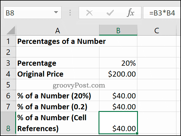 Odstotek števila, prikazan v programu Microsoft Excel