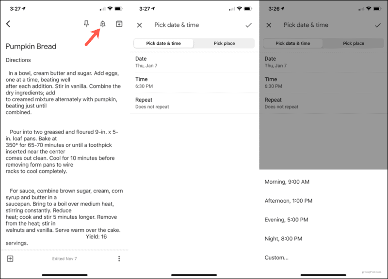 Opomnik Datum in ura Google Keep Mobile