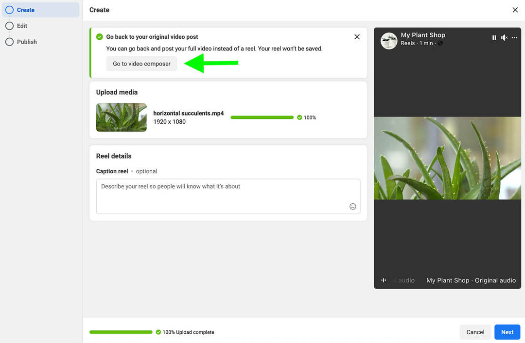kako narediti-razpored-objave-facebook-reels-creator-studio-video-composer-my-plant-shop-step-6