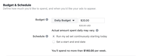 Facebook Ads Manager, proračun in razpored za nabor oglasov