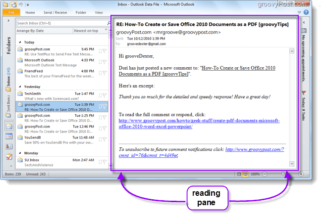 Kako spremeniti privzeto lokacijo podokna za branje v Outlooku 2010 in narediti e-pošto lažje za branje