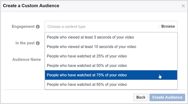 Facebook Pogovorno okno Ustvari ciljno skupino po meri ima možnosti za ciljanje oglasov na ljudi, ki so si ogledali določen odstotek vašega videoposnetka.