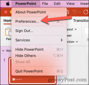 Odprite nastavitve Mac PowerPoint