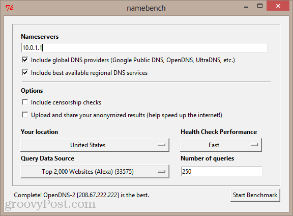 namebench GUI v operacijskem sistemu Windows 8