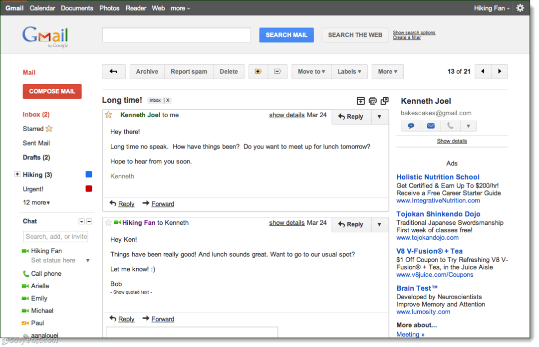 Tema pogovora za predogled v Gmailu