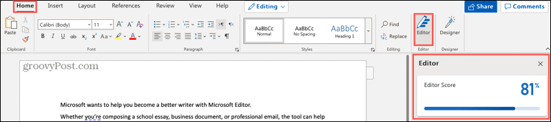 Gumb in stranska vrstica Microsoft Editor v programu Word v spletu