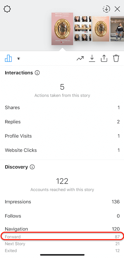 podatki o zgodbah v instagramu, ki prikazujejo tapke, posnete naprej po vaši zgodbi